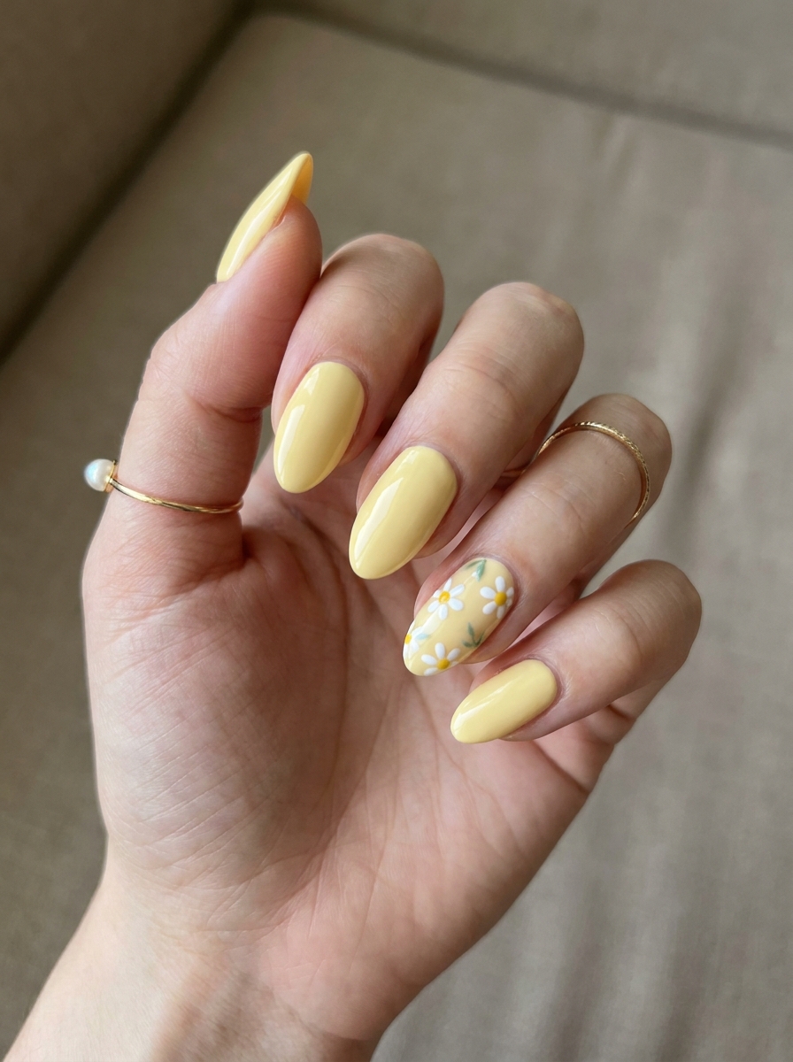 Buttery Yellow Daisy Nails mit kleinen weißen Blüten